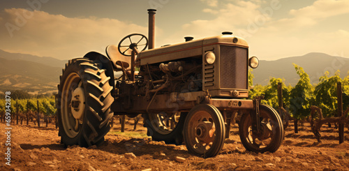 Vintage farm tractor in vineyard image, in the style of romantic landscape vistas, panorama