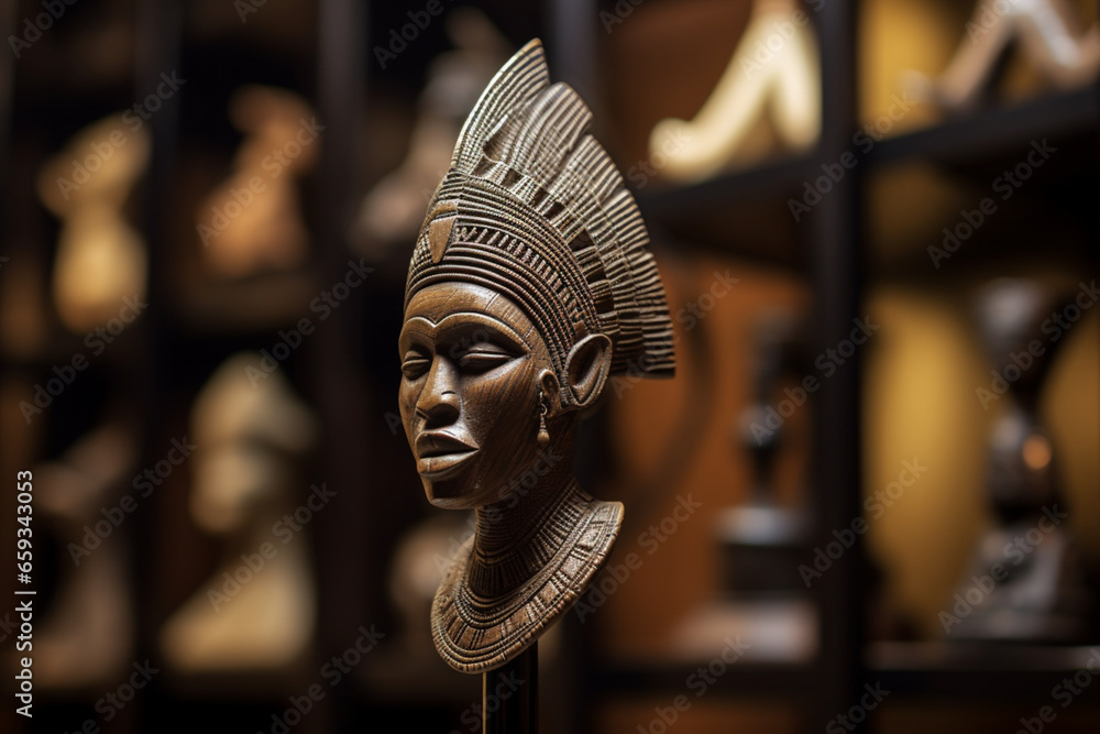 An Intricate African sculpture of a woman displayed Inside a well-lit art gallery - obrazy, fototapety, plakaty 