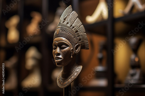 An Intricate African sculpture of a woman displayed Inside a well-lit art gallery photo