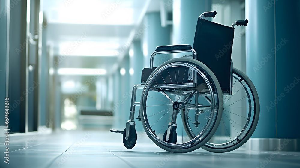 Single wheelchair in the hospital corridor Single wheelchair in the hospital corridor