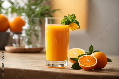 Fresh orange juice in glass or bottle with fruits.
