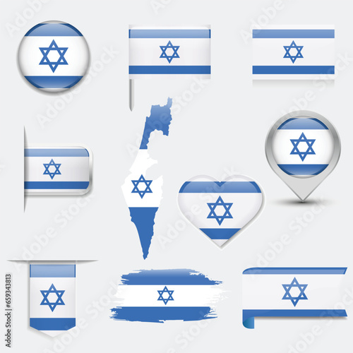 Israel flag - flat collection. Flags of different shaped flat icons. Vector illustration