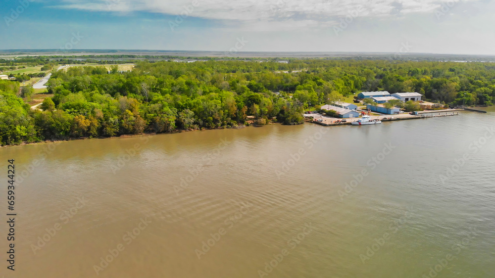 Aerial view of Savannah skyline and river from drone - Georgia - USA Aerial view of Savannah skyline and river from drone - Georgia - USA