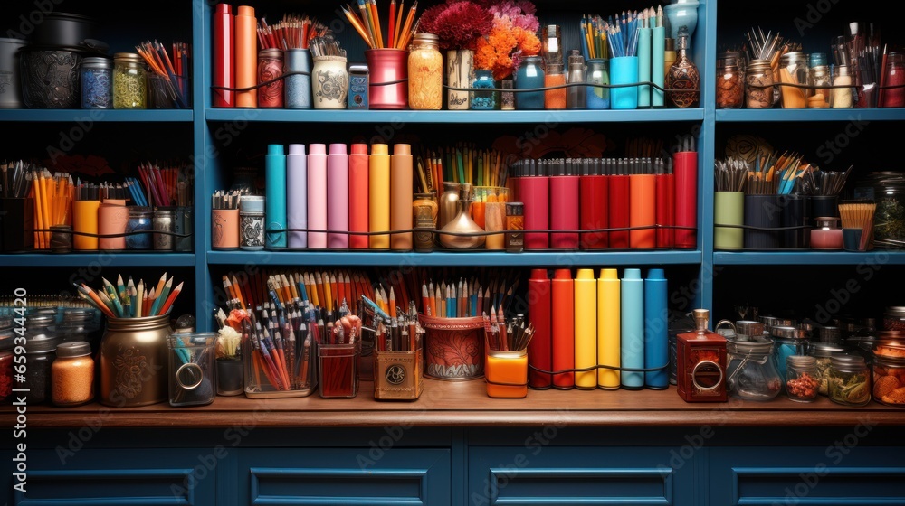 Colorful pencils and other stationery on shelf in art studio Colorful pencils and other stationery on shelf in art studio