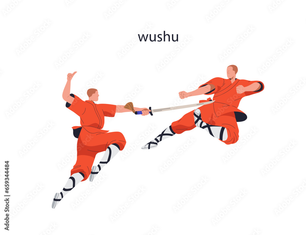 Wushu fight. Kung fu fighters in battle, combat. Chinese martial art