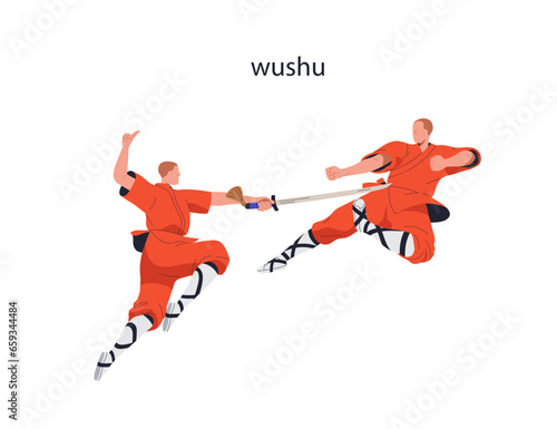 Wushu fight. Kung fu fighters in battle, combat. Chinese martial art. Athletes opponents, competitors in Asian outfit, attacking with sword. Flat vector illustration isolated on white background