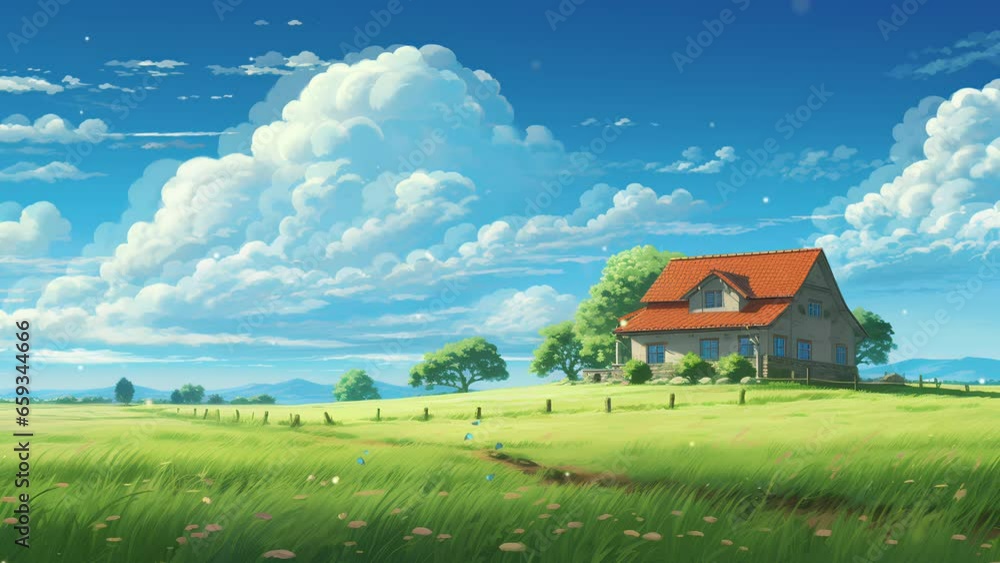 house in a natural green grass savanna with a bright cloud background. Animated looping background house in a natural green grass savanna with a bright cloud background. Animated looping background