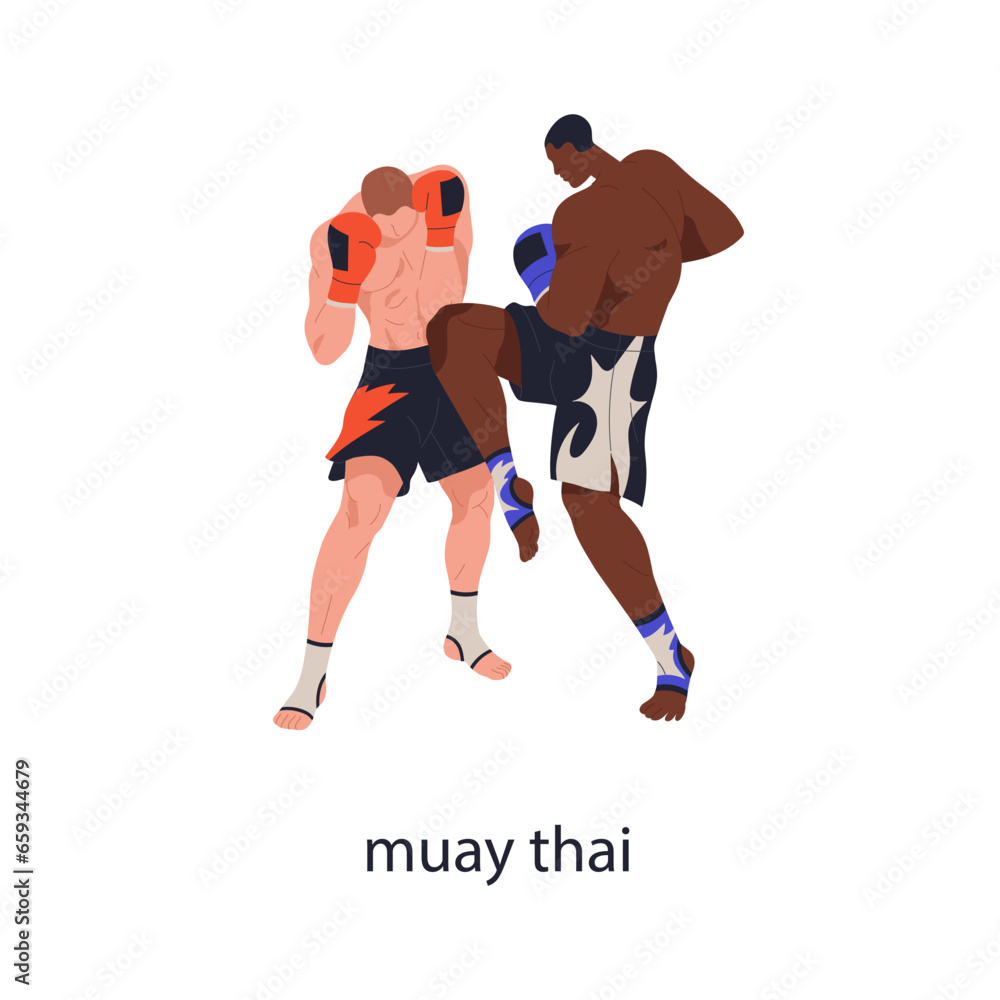 Muay Thai boxing, combat martial art. Athletes fighters attacking, defending in wrestling competition. Men rivals wrestlers fighting action. Flat vector illustration isolated on white background