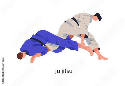 Ju-jitsu fighters in combat, battle. Jujutsu, Japanese martial art. Jiu-jitsu wrestlers fighting, wrestling in attacking and defending positions. Flat vector illustration isolated on white background