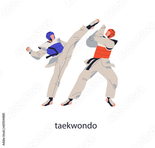 Taekwondo fighters combat. Korean martial art. Asian sport wrestling, fighting battle. Wrestlers kicking, attacking at competition. Flat graphic vector illustration isolated on white background