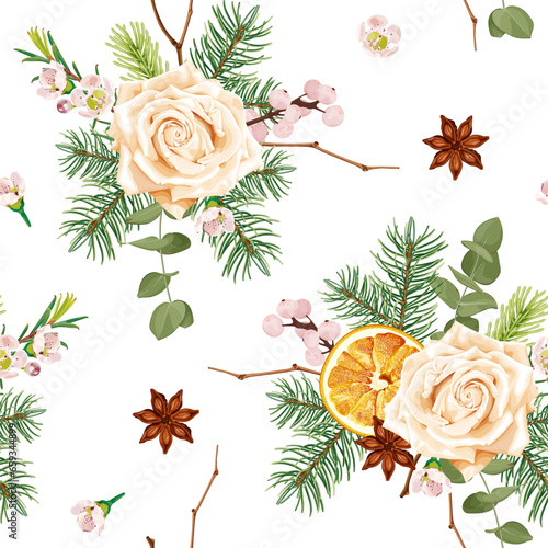 Christmas seamless pattern with dried orange, holly, anise, fir tree, eucalyptus, pink berries and flowers.