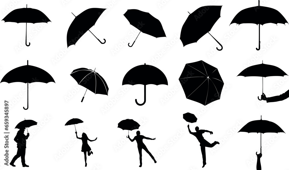 umbrellas vector illustration set. Monochrome featuring and  diverse umbrella. Perfect for fashion, rainy day designs, and more. Captures the essence of weather protection and style. - obrazy, fototapety, plakaty 