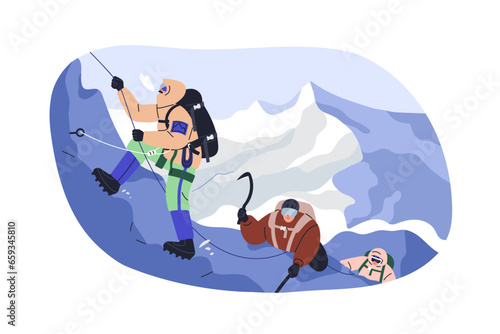 Climbers on mountain on winter holiday. Alpinists team climbing on snow peak, snowy rock. Extreme sports activity in cold weather. Flat graphic vector illustration isolated on white background