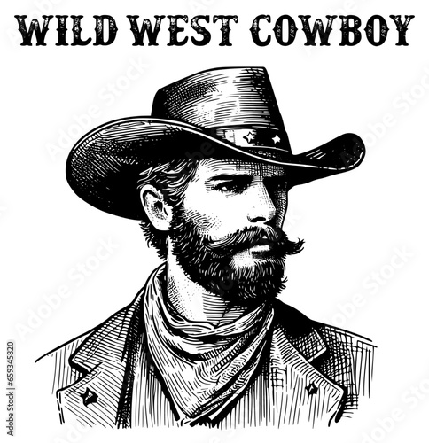 Wild west cowboy vector illustration. Vintage wild west cowboy sketch. Hand drawn western cowboy