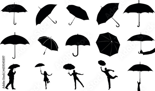 umbrellas vector illustration set. Monochrome featuring and  diverse umbrella. Perfect for fashion, rainy day designs, and more. Captures the essence of weather protection and style.