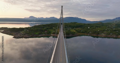 Halogaland suspension bridge over Rombaksfjorden, Narvik, Norway. Sunset aerial photo