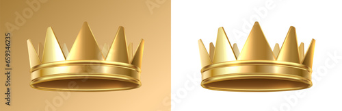 3d realistic vector icon. Golden king crown on dark and white background.