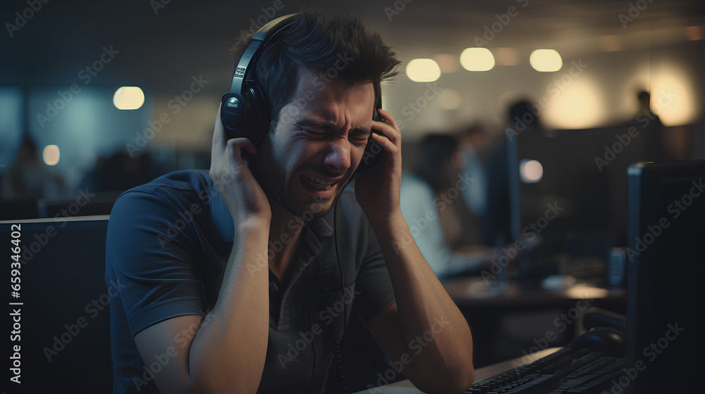 Stressed anxious man working at a call center with headache and pain from work Stressed anxious man working at a call center with headache and pain from work