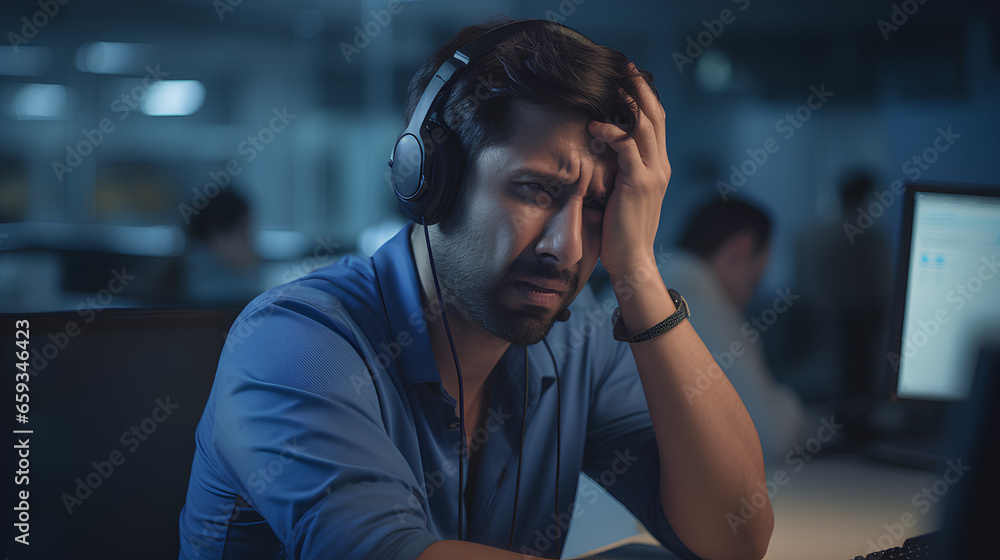 Stressed anxious man working at a call center with headache and pain from work Stressed anxious man working at a call center with headache and pain from work