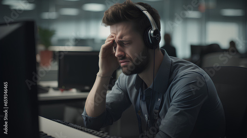 Stressed anxious man working at a call center with headache and pain from work