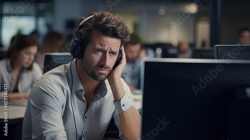 Stressed anxious man working at a call center with headache and pain from work