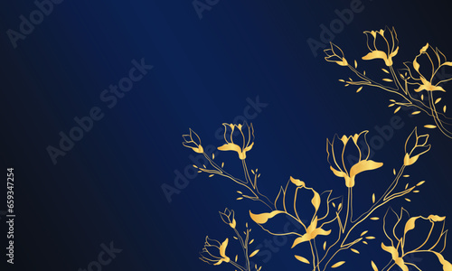 Wedding invitation, floral invitation thank you, rsvp modern card design in golden magnolia flowers decoration with dark blue background. Elegant rustic vector template.