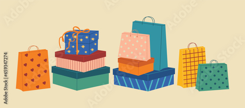 Set of paper shopping bags, gift and shoes boxes. Colorful packages for presents and purchase. Hand drawn vector vector illustration isolated on light background. Modern flat cartoon style.