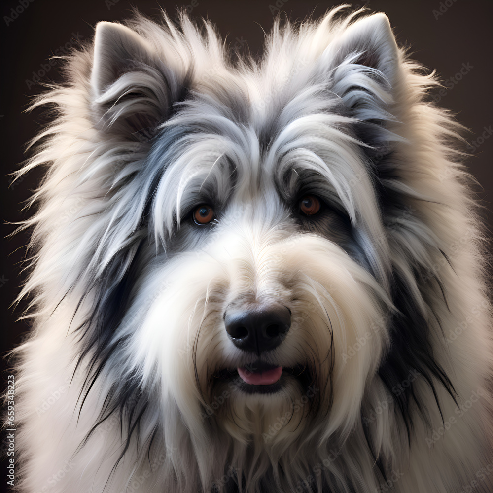 close-up portrait of a white dog on a dark background