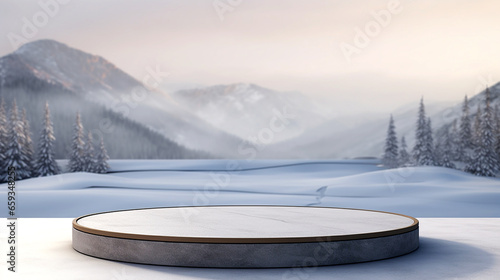 Empty round stone podium in winter background with copy space for product display © Ali