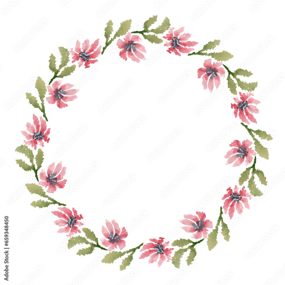 pink flower watercolor art drawn round frame