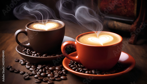 two cups of coffee with heart pattern and coffee beans