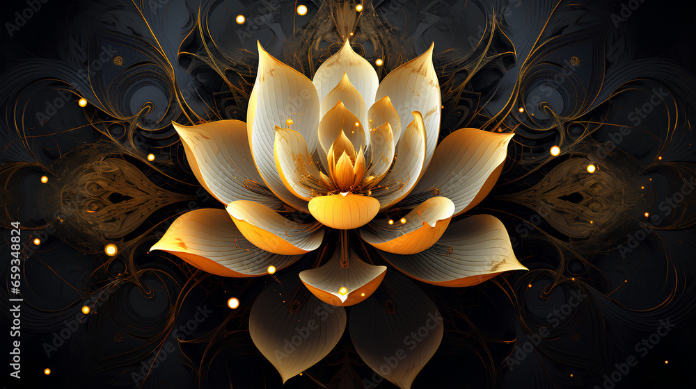 A golden lotus gracefully poised against a backdrop of darkness, its luminous petals contrasting against the obsidian canvas.