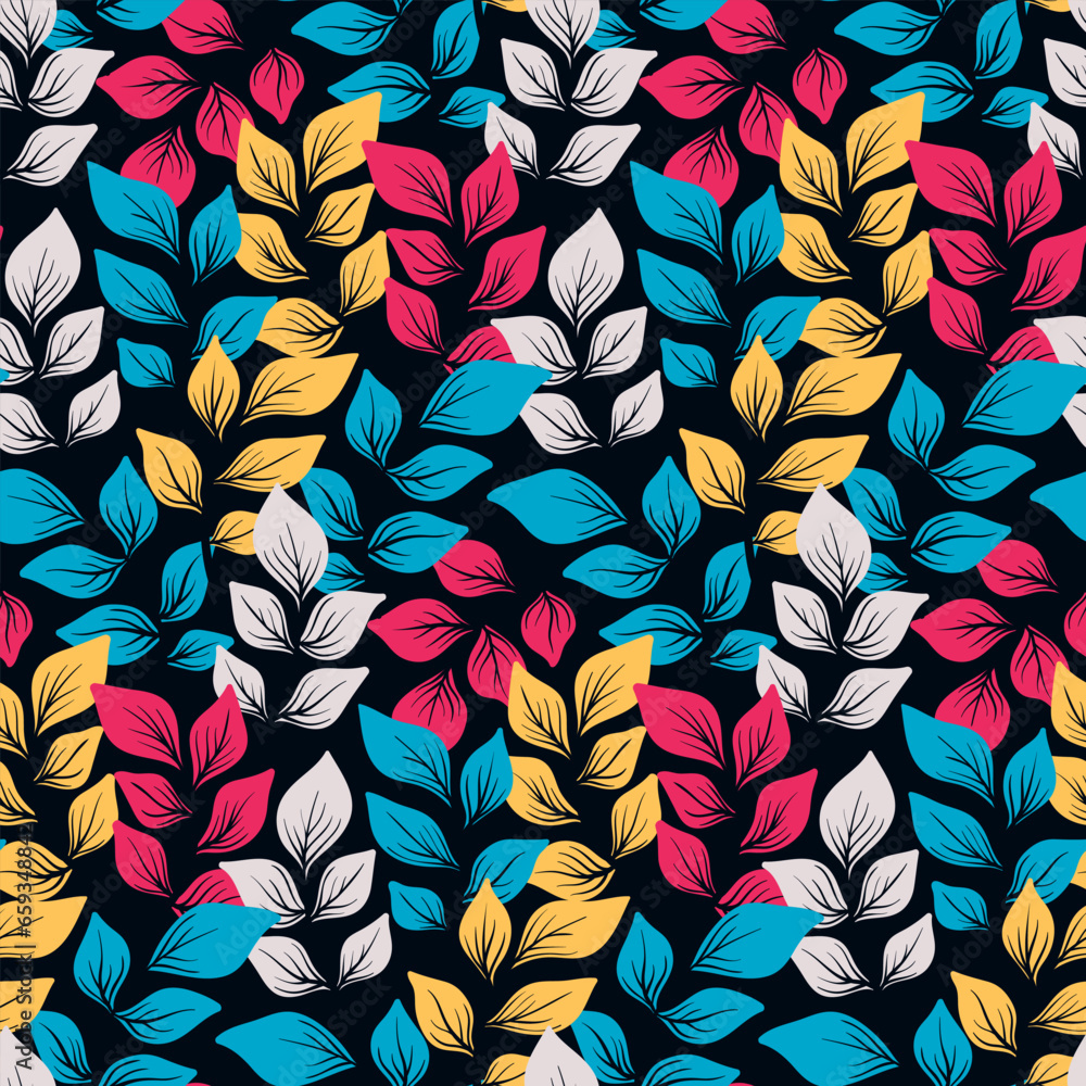 custom made wallpaper toronto digitalSeamless botanical pattern, natural print with leaves in retro style. Graphic floral design with autumn, winter colorful foliage, hand drawn plants on dark black background. Vector illustration.