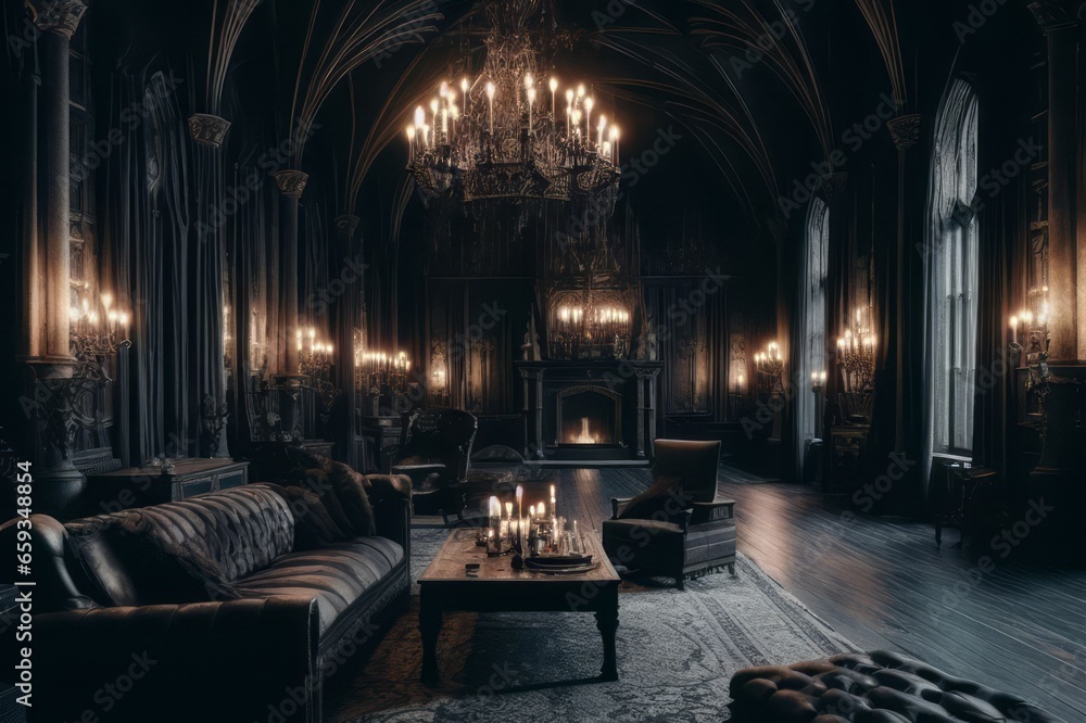 the living room of a large, Gothic vampire castle. Dracula's castle - obrazy, fototapety, plakaty 