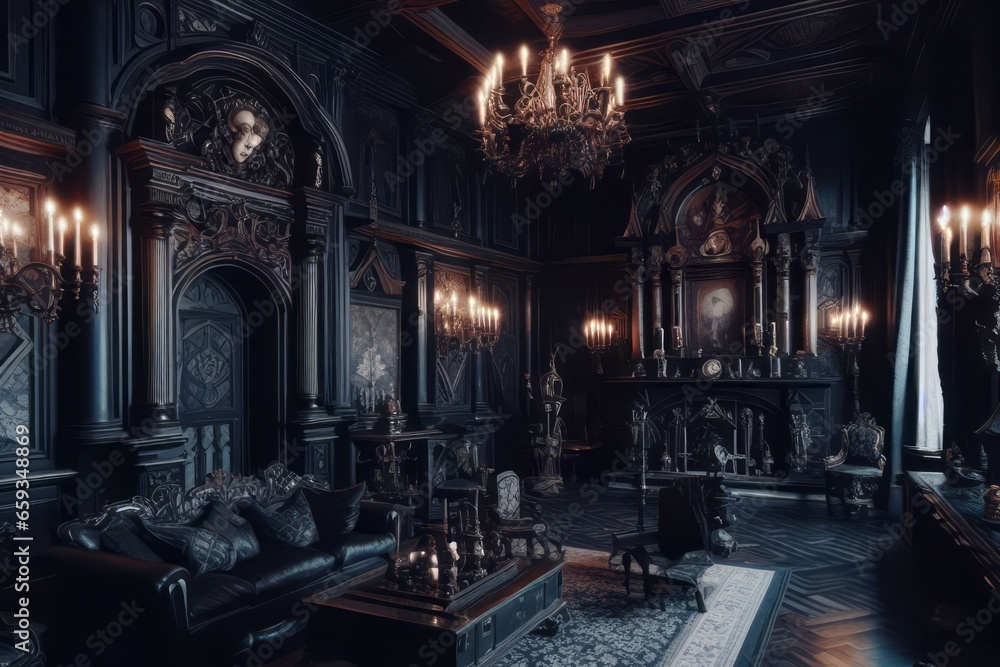 the living room of a large, Gothic vampire castle. Dracula's castle