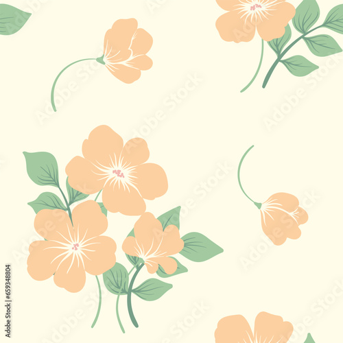 Seamless floral pattern, delicate rustic style flower print. Simple botanical design with hand drawn plants in pastel colors: drawing flowers, leaves on a white background. Vector illustration. © Yulya i Kot