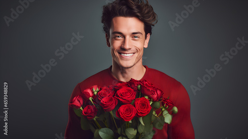 jeune homme brun qui porte un bouquet de roses rouges dans ses mains