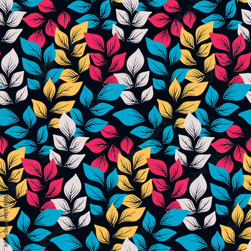 Wallpaper Mural Seamless botanical pattern, natural print with leaves in retro style. Graphic floral design with autumn, winter colorful foliage, hand drawn plants on dark black background. Vector illustration. Torontodigital.ca