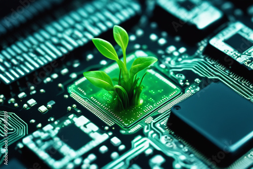 Green sprout growing on a computer chip organic digital background | Electronic circuit board with processor | Technology for a sustainable future