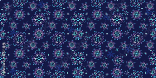 Vector Christmas seamless pattern with gradient snowflakes on the dark blue background
