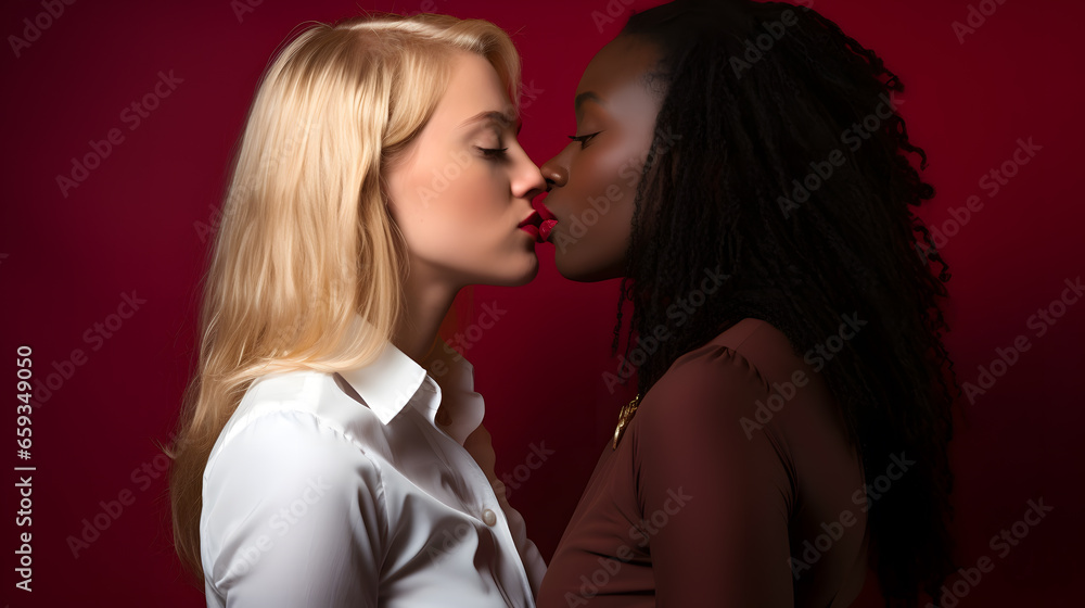 lesbian couple kissing - black woman, white woman, maroon background lesbian couple kissing - black woman, white woman, maroon background