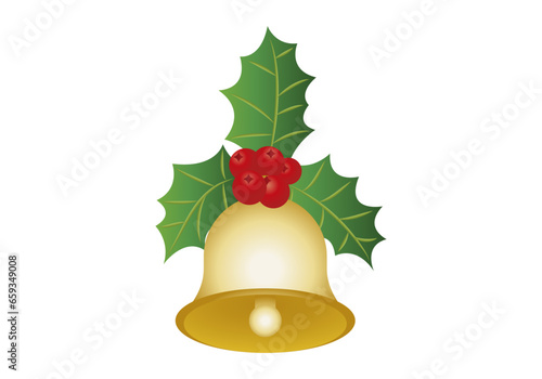 Campana dorada con acebo de navidad.