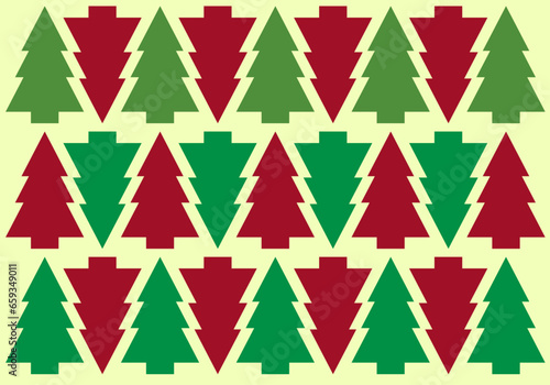 Fondo de patrón, con siluetas de pinos verdes y rojos.