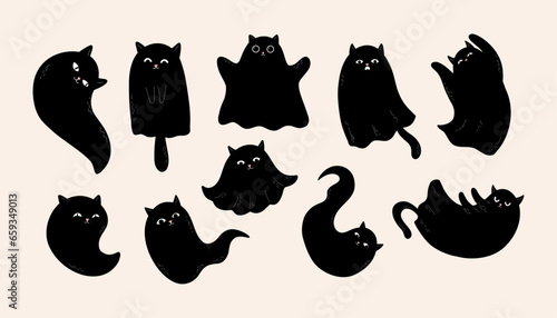 Black Ghost Cats set. Halloween characters © helenreveur