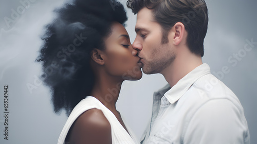 couple kissing - black woman and white man with white clothes, white background