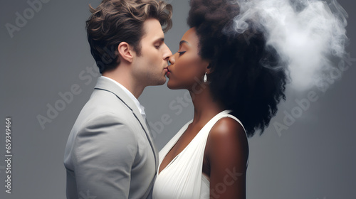 couple kissing - white man and black woman - wearing elegant clothes