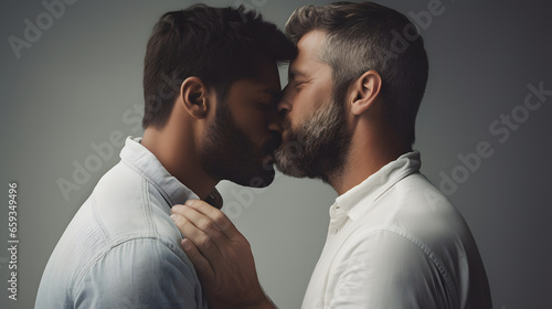 gay couple kissing, white clothes, white background