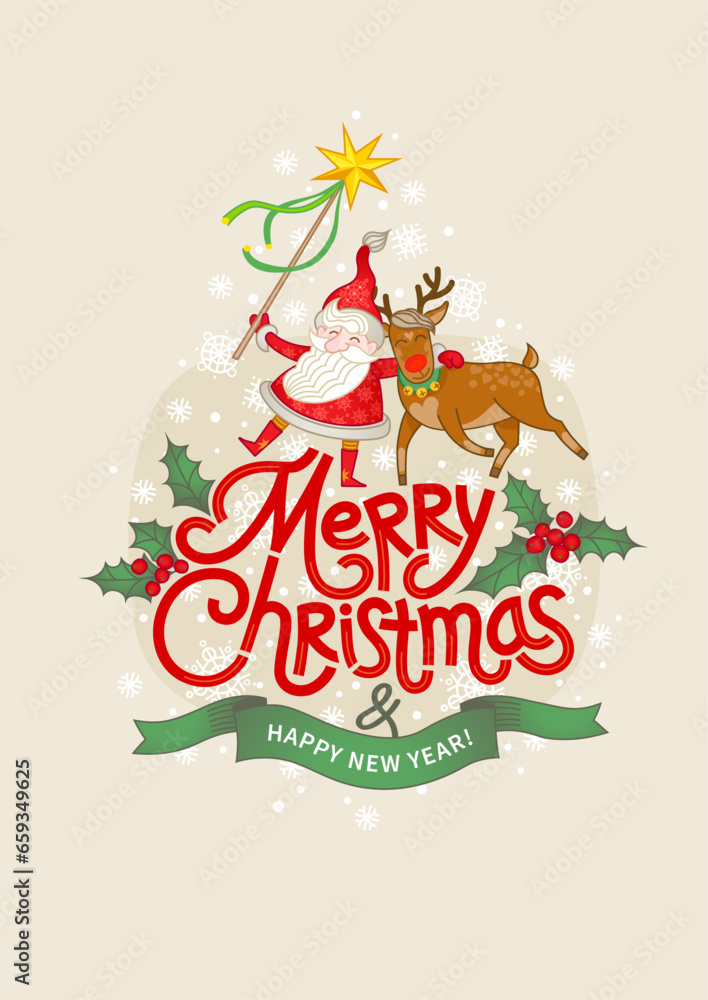 Cartoon Santa and Rudolf, Christmas reindeer. Vector Christmas characters illustration isolated. Holly berries. Santa Claus. Lettering Merry Christmas for Christmas cards, Happy New Year banner
