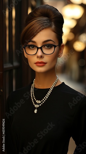 A classic and elegant Audrey Hepburn look-alike in a chic black dress and pearls, channeling the timeless style of Breakfast at Tiffany's.
