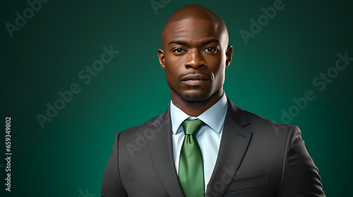 Portrait of a black business man in a grey suit, green background